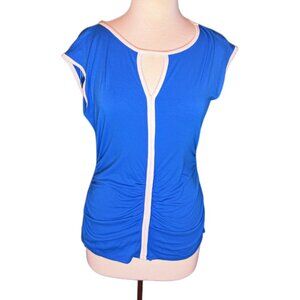 Vince Camuto MSRP $59 Short Sleeve Blouse Ruched Stretchy White Blue Top Medium